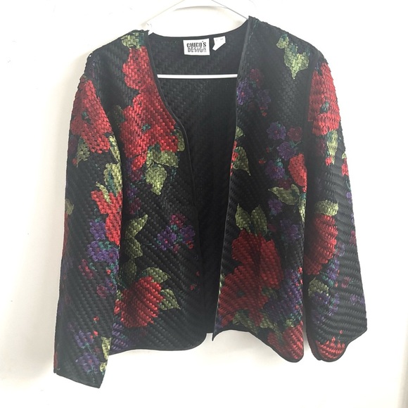 Vintage Chico’s Design Silk Floral Woven Blazer Jacket Basketweave Quilted Artsy - Picture 1 of 4
